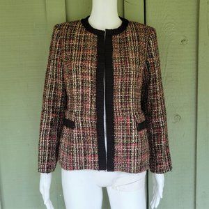 KASPER Black Red Gold Open Front Jacket Blazer 4P Petite 4 Pleated Edges